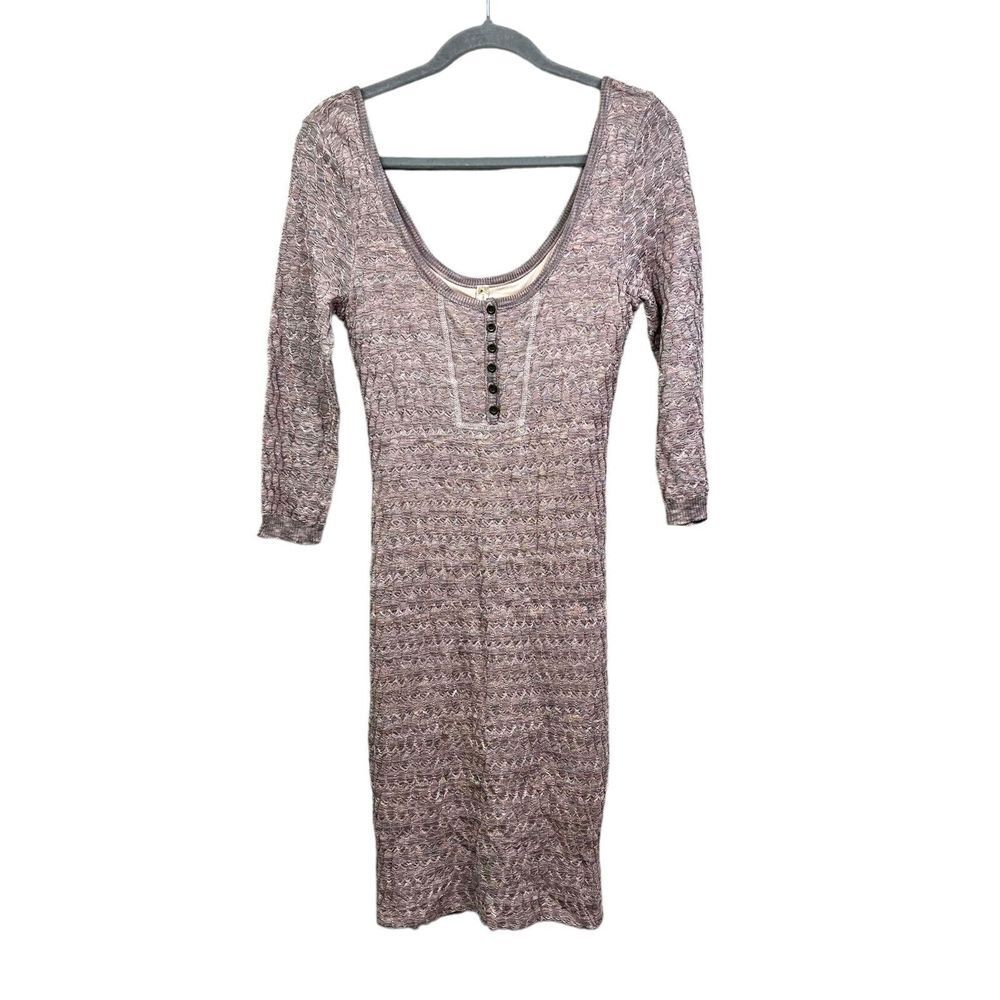 Free People Womens Crochet Knit Dress Low Scoop Neck 3/4 Sleeve Dusty Rose Sz M*
